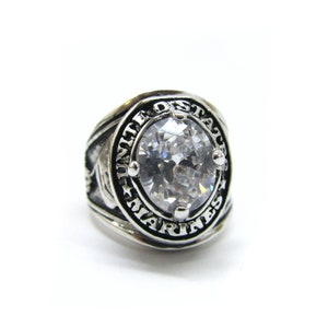 Vintage Rhodium-plated Steel United States MARINES Signet-style Ring with Clear Cubic Zirconia - SZ. 10.5