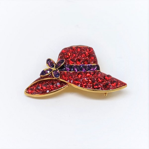 Vintage Brooch - Rhinestone Pave Crystal RED HAT SOCIETY Purple Bow Gold plated Pin