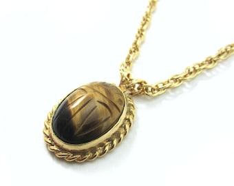 Vintage Belle Designs Egyptian Revival Genuine Scarab Oval Tiger Eye Pendant Necklace w/Chain