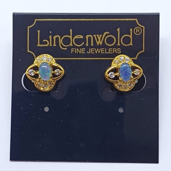 Vintage 14K HGE (Heavy Gold Electroplated) Opal and Cubic Oval CLIP-ONS - by Lindenwold