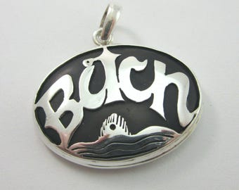 Vintage Teardrop Shell 'BITCH' Oval Pendant with Sterling Silver Setting & Bail