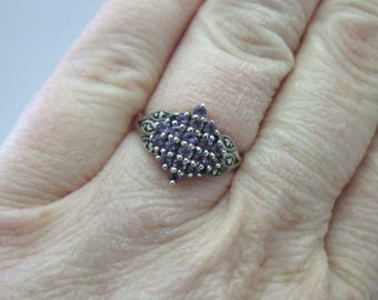 Vintage Amethyst & Marcasite Cluster Ring - Sterling Silver .925 - SIZE 7.5