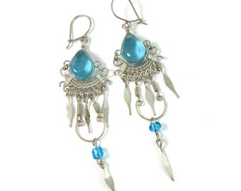 Vintage Blue Glass and Filigree Silver Dangle Earrings on Hooks