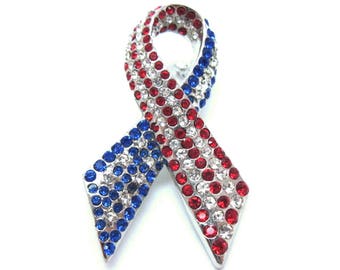 USA Awareness Pin Patriotic Ribbon Brooch with Red White and Blue Crystals