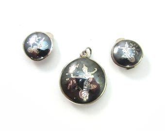 Vintage Alpha SIAM Apsara Dancer - Sterling Silver with Hematite - Pendant & Clip-ons