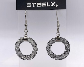 Vintage STEELX Black Mesh and Crystal Circle Dangle Earrings for Pierced Ears