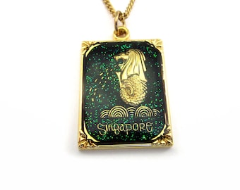 Vintage Singapore Merlion Rectangle Pendant with Gold-plating and Green Resin