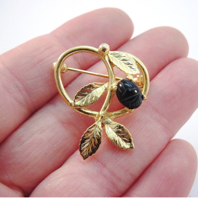 Onyx Vintage Goldtone Leaf Brooch with a Genuine Carved Scarab