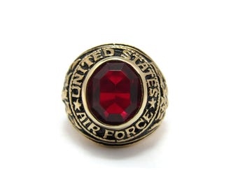 Vintage 18KGP United States AIR FORCE Signet Style Ring - Red CZ