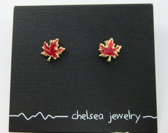 Small Handmade Red Resin and Gold-plated Maple Leaf Stud Earrings - Canada