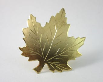 Vintage Satin Finish Gold Vermeil Etched Maple Leaf Brooch - Signed DCJ STERLING