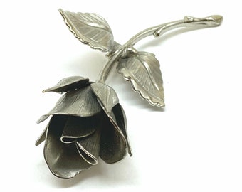 Vintage GIOVANNI Silverplated ROSE Pin with Brushed Leaves