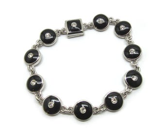Vintage Fashion Black Enamel and Clear Rhinestone Bracelet - with Magnetic clasp