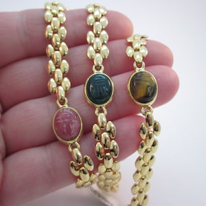 Vintage Genuine Carved Scarab Beetle Gemstones with Goldplated Link Chain Necklace