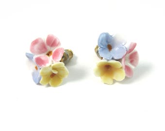 Vintage Pastel Porcelain Flower Cluster Studs - For Pierced Ears - Made in the 1970s