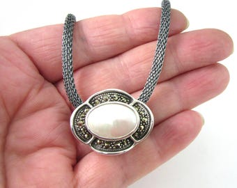 Vintage Sterling Silver Mabe Pearl and Marcasite Slide on Black Rhodium .925 Italian Mesh Choker