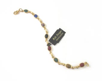 Vintage Genuine Carved Scarab Beetle Smaller Gemstones - Gold-plated Link Bracelet