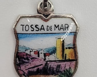 Vintage 800 Silver TOSSA DE MAR (Spain) Location Shield Charm or Pendant - with Coloured Enamel