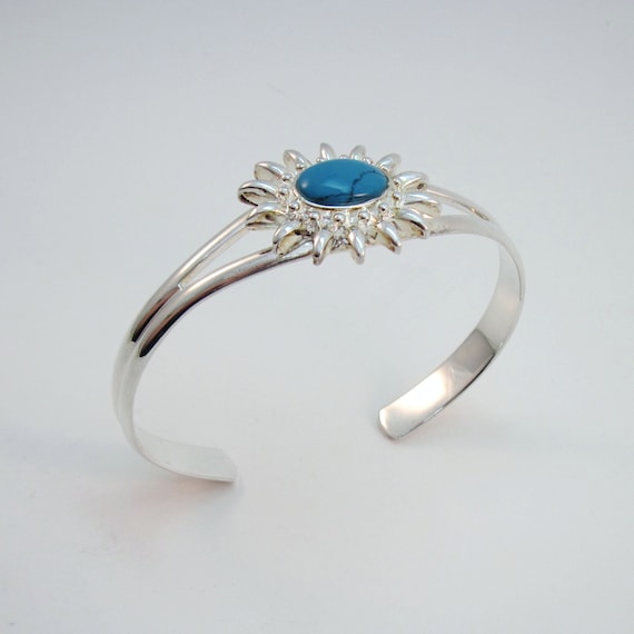 Bracciale rigido vintage in argento sterling con fiore turchese
