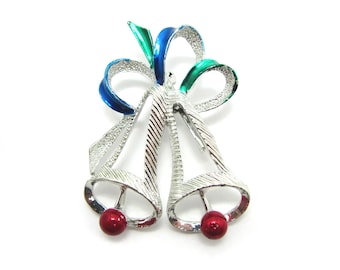 Vintage Stamped GERRYS Christmas Bell Brooch - Silver plate with Red, Blue & Green Enamel