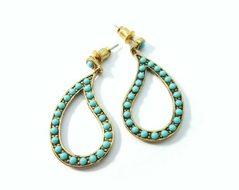 Vintage Fashion Goldtone and Turquoise-coloured Beaded Open Teardrop Dangle Earrings