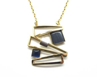 Christophe POLY Necklace - Handmade in Quebec - Navy Blue Cat's Eye with Shiny Gold 22" Chain