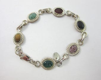 Sterling Silver Genuine Carved Scarab Multi-color Gemstone Bracelet - by Belle Designs