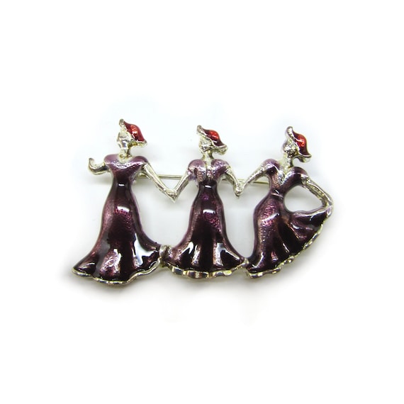 Vintage Silver-plated RED HAT SOCIETY Brooch - Three Ladies in Purple Dresses