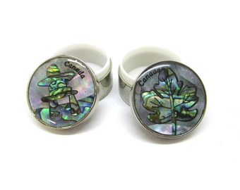 Handmade Round PILL BOX - Abalone Shell Inlay with Inukshuk OR Maple Leaf - Canada stamped on top