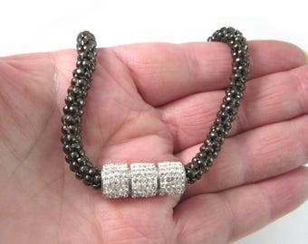 Vintage STEELX - Black Rhodium-plated Steel Popcorn Chain w/Sparkly Barrel Front & Magnetic Clasp