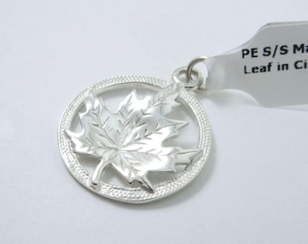 Handmade Sterling Silver Maple Leaf in Circle Pendant - Canada National Emblem