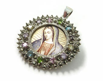 Vintage Madonna and Marcasite and Multi-stone Pin Pendant - Ann Gale Patent 174967 - Made in Mexico
