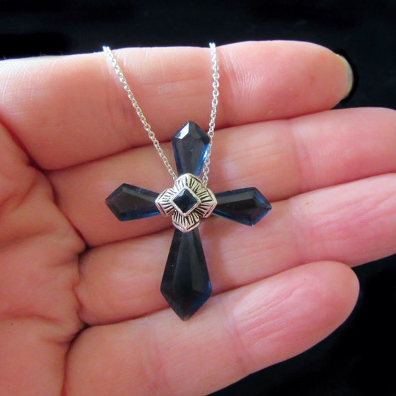 Vintage montana Blue Crystal Silver Plated Cross by Lindenwold