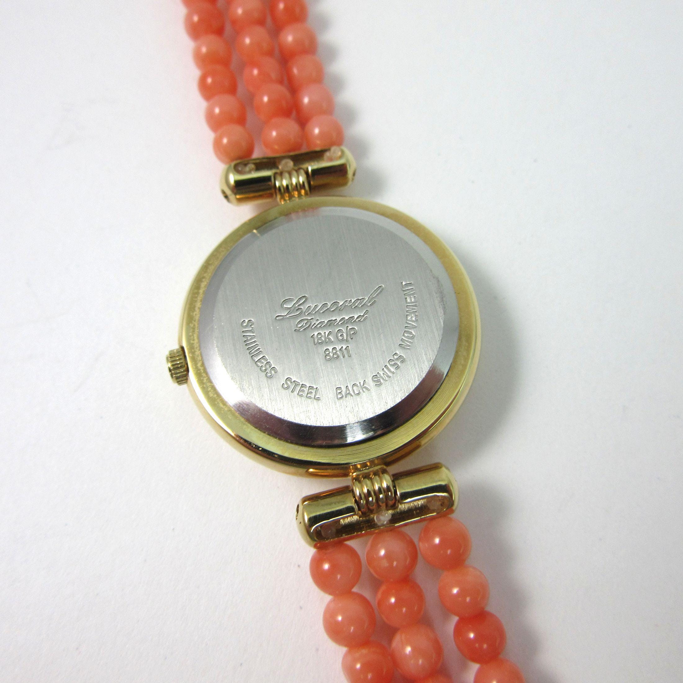 Vintage Lucoral Diamond Quartz Mother of Pearl Watch Japan Mvt Hong Kong Assembl Vintage LUCORAL Diamond & Coral 3-strand WATCH With Mother  main image 4