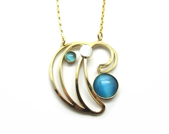 Christophe POLY Necklace - Handmade in Quebec - Shiny Gold Swirls with Brigh Blue Cat's Eye - on Chain w/Magnetic Clasp