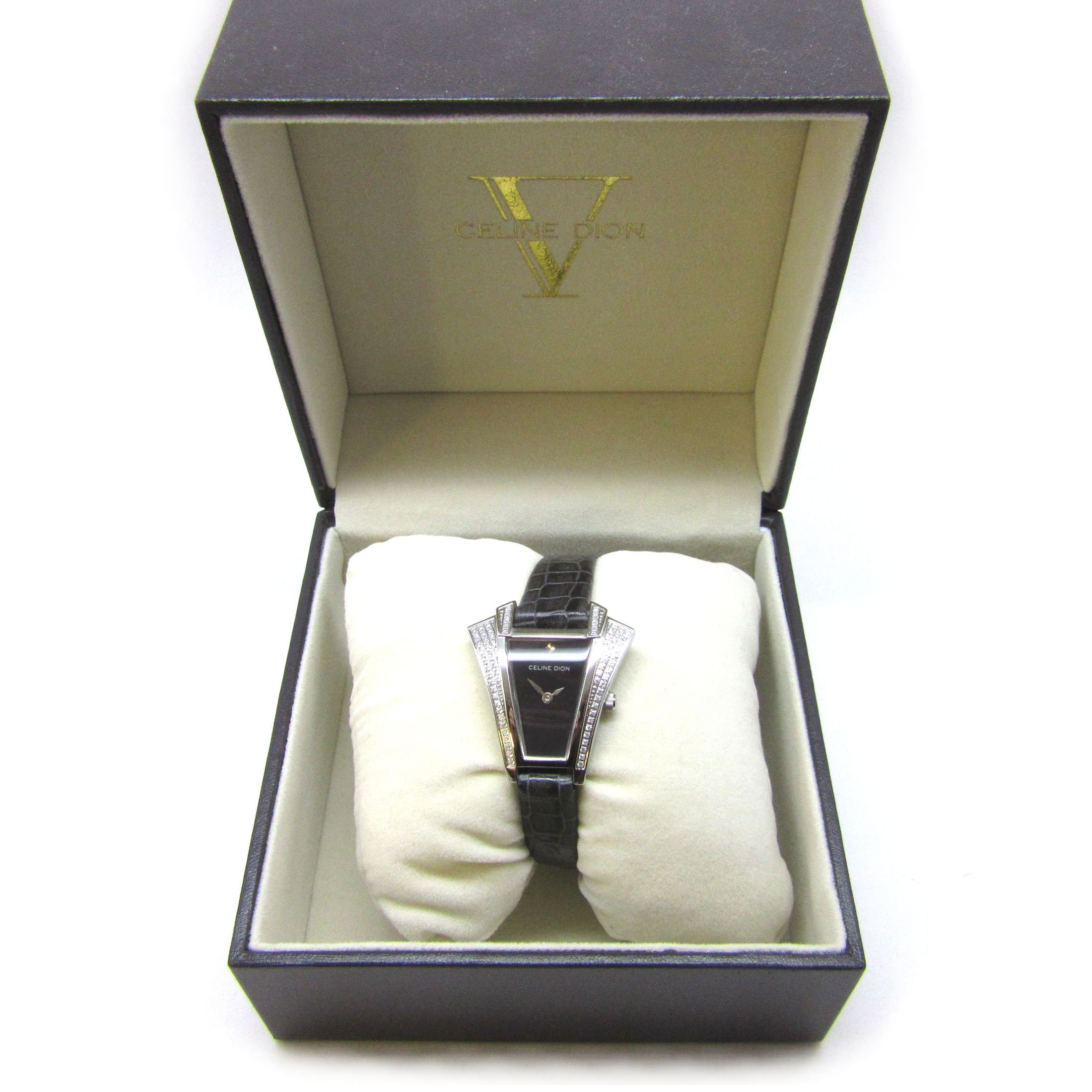 CELINE DION Watch with Black Genuine Leather Band and Blingy Crystal Case New in Original Box with papers WORKS