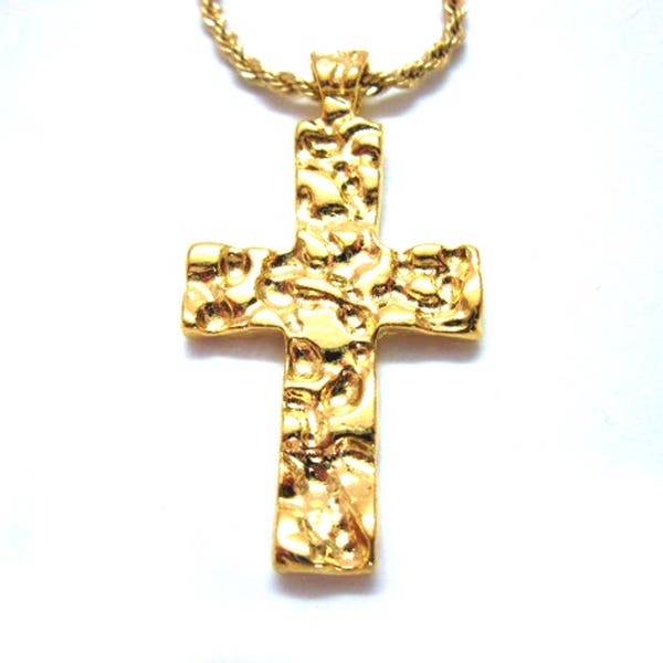 Worthington Hammered Goldtone Cross with Rope Chain
