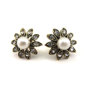 Antique Gold Flower and Pearl Stud Earrings with Rhinestones