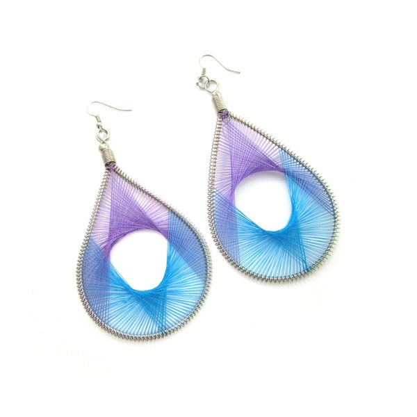 Large Threaded Dangle Earrings - Teardrop shape with Purple and Blue Thread