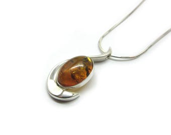 Vintage Baltic Amber Modern Pendant in Sterling Silver with Diamond Snake Chain