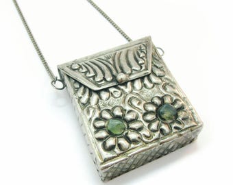 Vintage Metal Locket Purse Pendant - with Moss Agates and Long 40" Chain