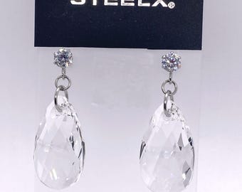 Vintage STEELX Larger Clear Teardrop Chandelier Crystal Dangle Earrings w/Posts