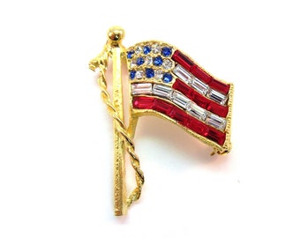 Vintage USA Crystal Flag in Goldtone Brooch by PELL Jewelry Company