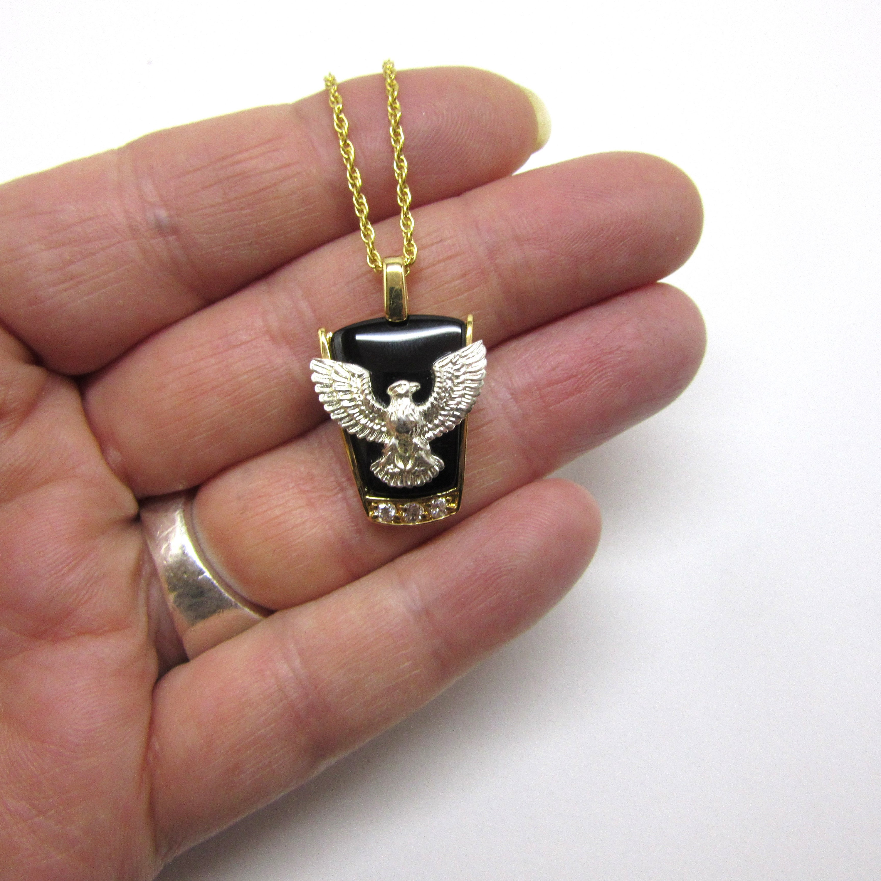 Vintage Silver Eagle on Black Onyx With Gold Tone Setting and 24