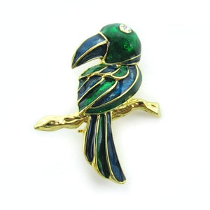 Vintage Grün und Blau Emaille Vergoldet Tropischer Vogel Papagei Tukan Pin Brosche