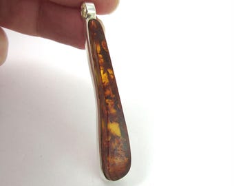 Vintage Baltic Amber Long Pendant in Sterling Silver - Handmade by Kibela Jewellery