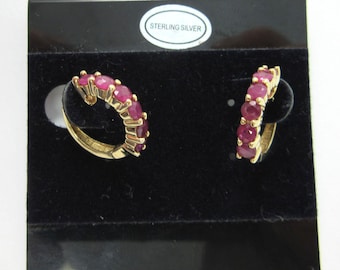 Vintage Gold-plated Sterling Silver Huggie Hoop Earrings - Set with Genuine Rubies