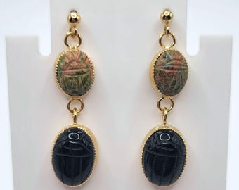 Vintage JJJ Egyptian Revival Earrings: Gold-Plated Sterling Silver, Unakite & Black Onyx