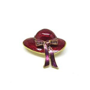 Vintage Gold plated Red Enamel RED HAT SOCIETY Hat Pin with Purple Bow