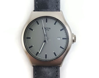 Vintage BOCCIA T2 Titanium Watch with Grey Face and Dark Blue-grey Leather Band - 583-02